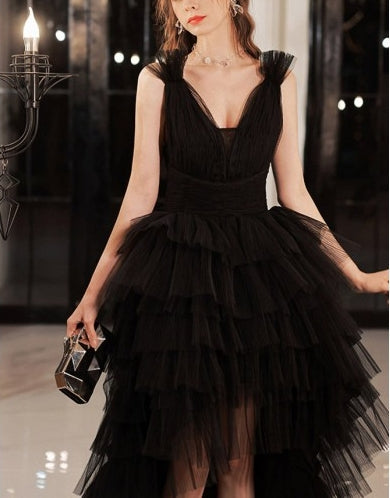 Vestido de fiesta de noche de tul de múltiples capas alto-bajo con espalda abierta